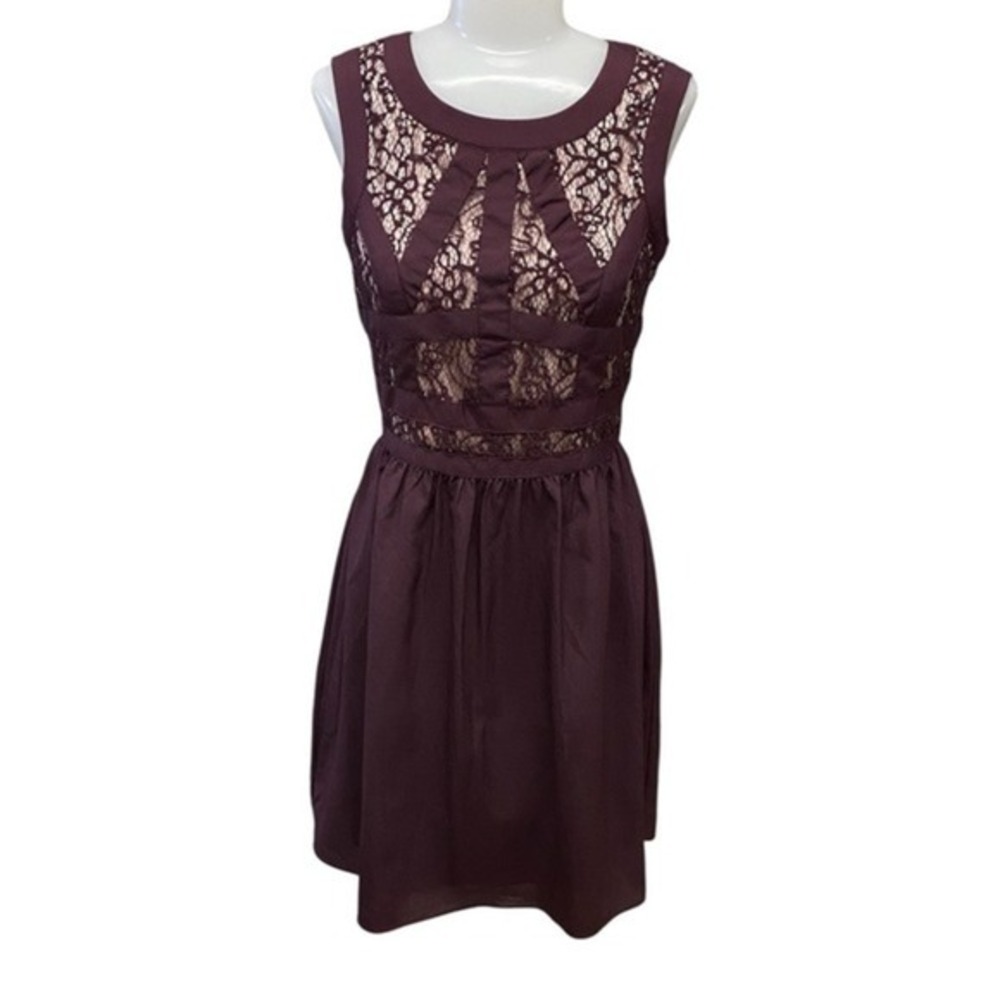 Gianni Bini Lace Cage Fit and Flare Midi Dress Burgundy Romantic Womens Size 2 - Picture 3 of 11